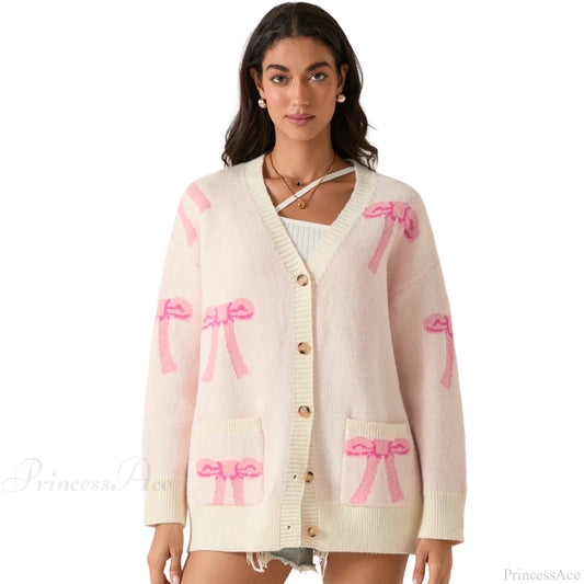 Bow Print Button Cardigan Beige / S Cardigan-241208