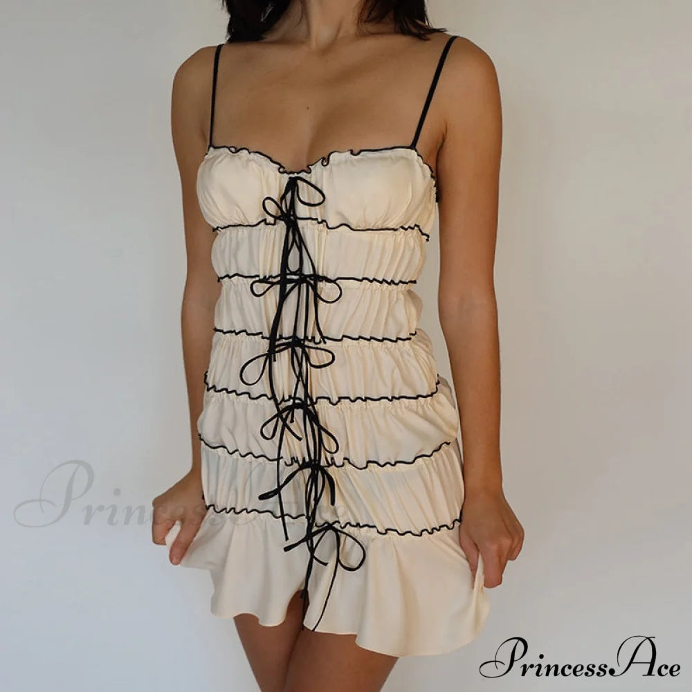 Bow Ruched Design Charming Mini Strap Dress