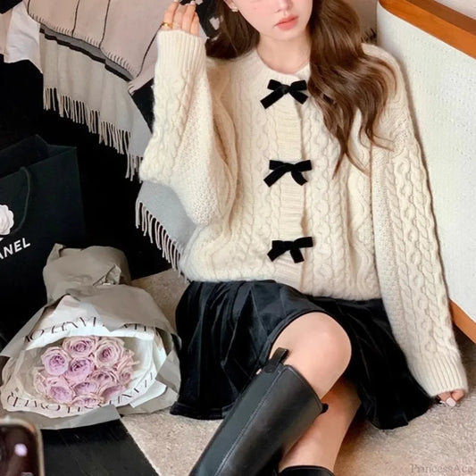 Bow Sweater Autumn Winter Knit Cardigan Cardigan-241208