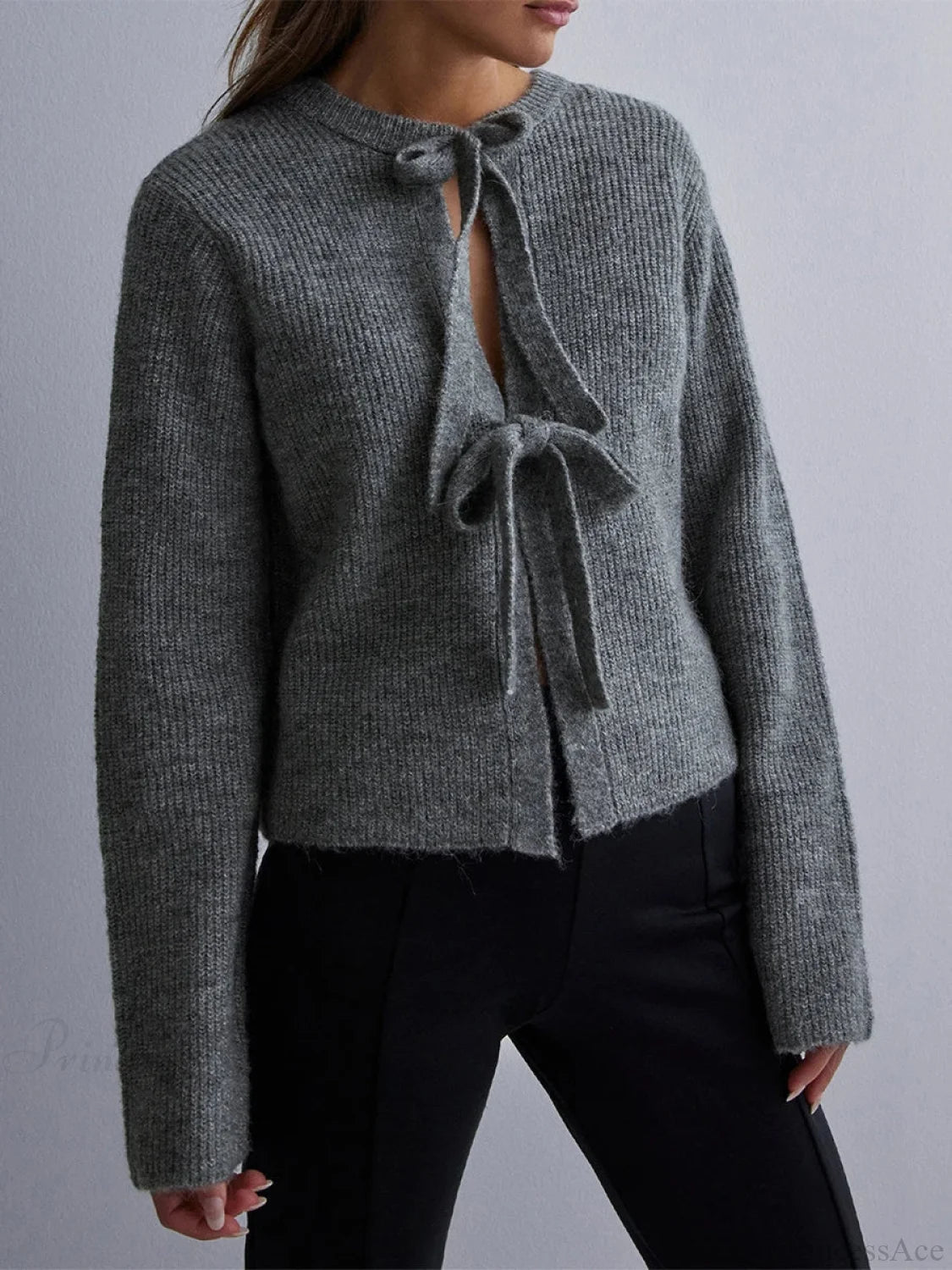 Bow Tie Front Crew Neck Knit Cardigan darkgrey / S