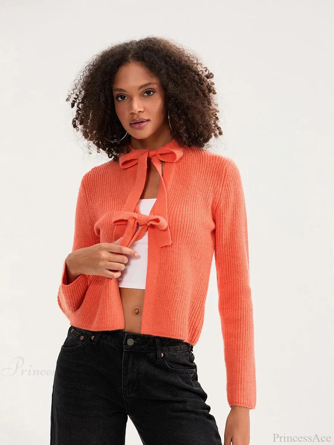 Bow Tie Front Crew Neck Knit Cardigan orange / S