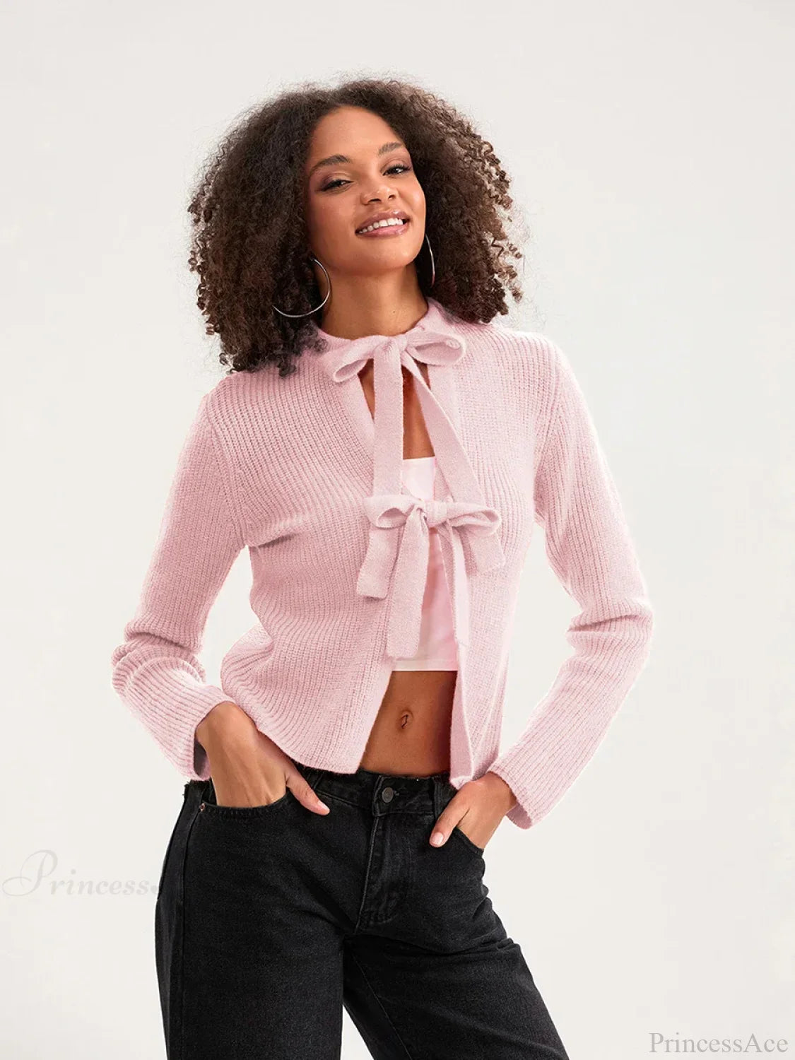 Bow Tie Front Crew Neck Knit Cardigan pink / S