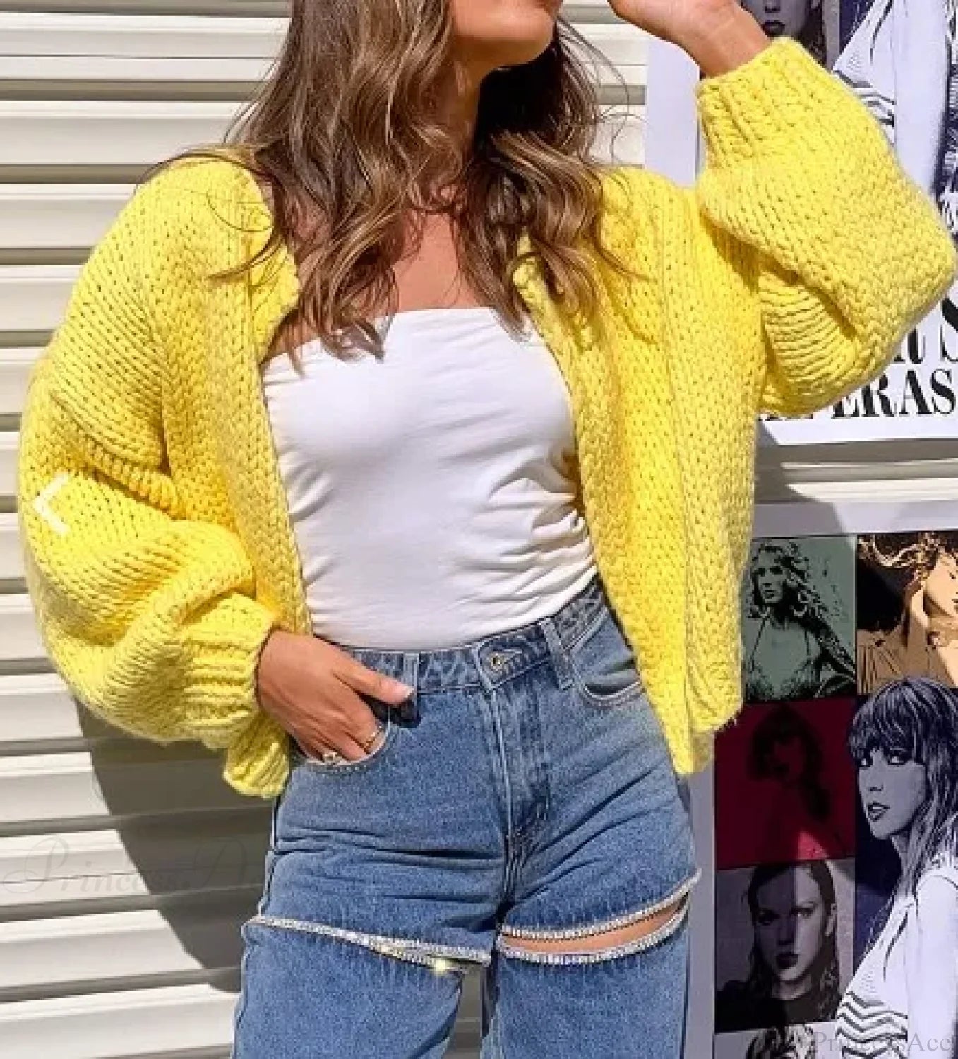 Bow Tie Front V-neck Cardigan yelow / S