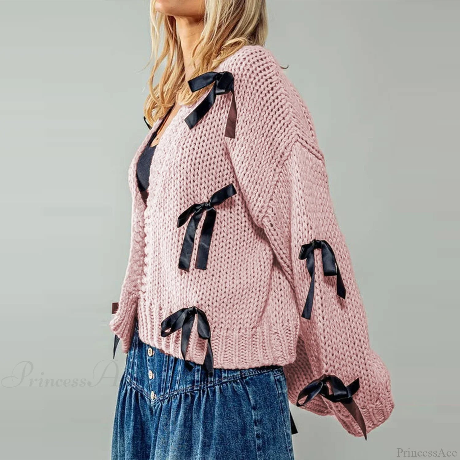 Bow Trim Button Down Cardigan Pink / S Cardigan-241208