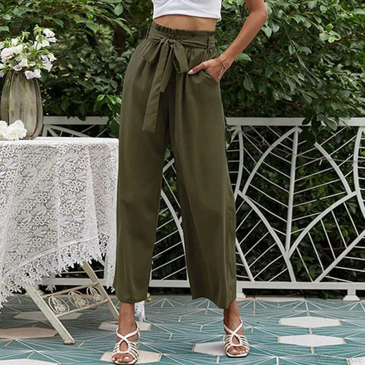Bow Waistband Pleated Cotton Linen Pants green 1 / S
