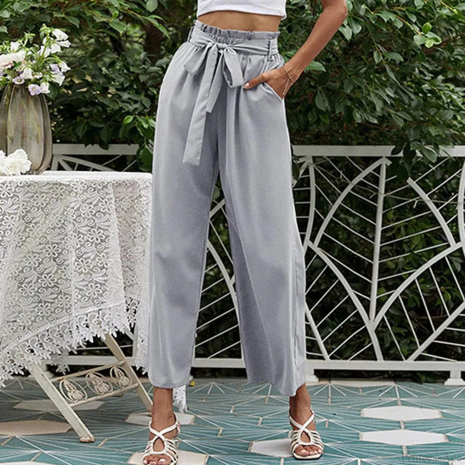 Bow Waistband Pleated Cotton Linen Pants white / S