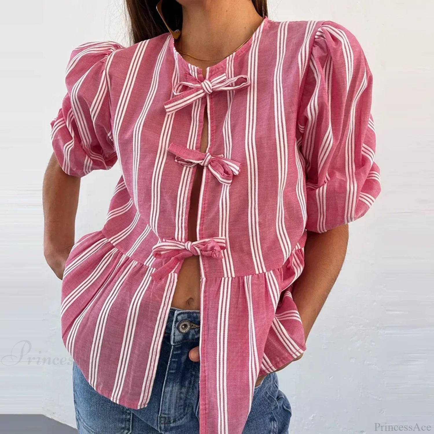 Bowknot Front Hollow Out Vintage Ruffles Puff Sleeve Elegant Sweet Y2K Crop Top Pink / S croptop-250126