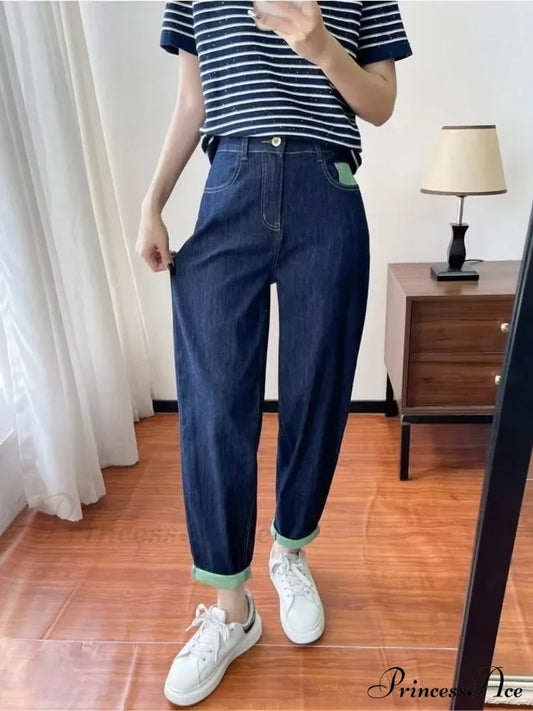 Braided Contrasting Elastic Harem For Women In Spring And Autumn Jean Blue / S