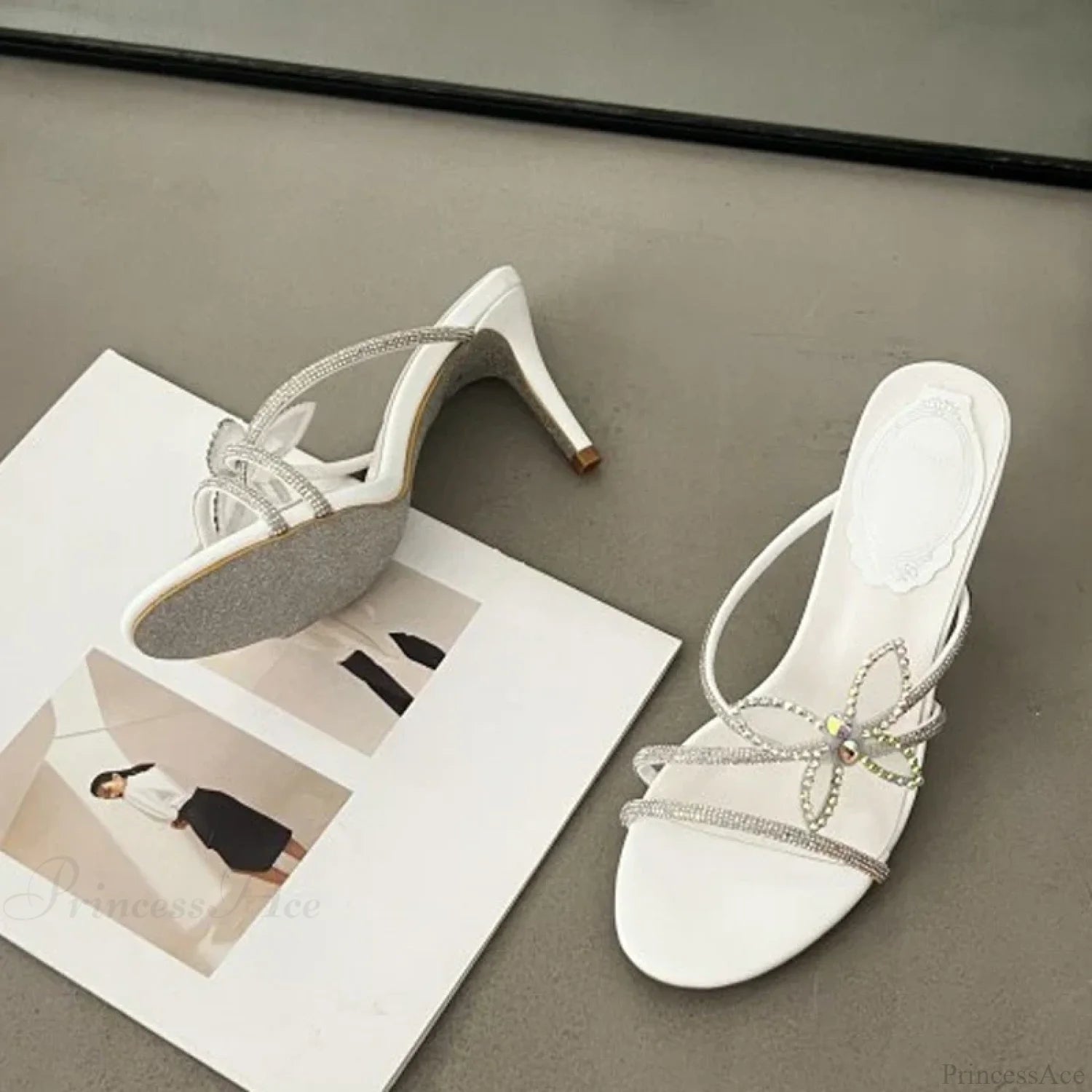 Brand Glitter Rhinestones Bowknot Narrow Band Low Heels Summer Party Sandals High Heel 8Cm Thin