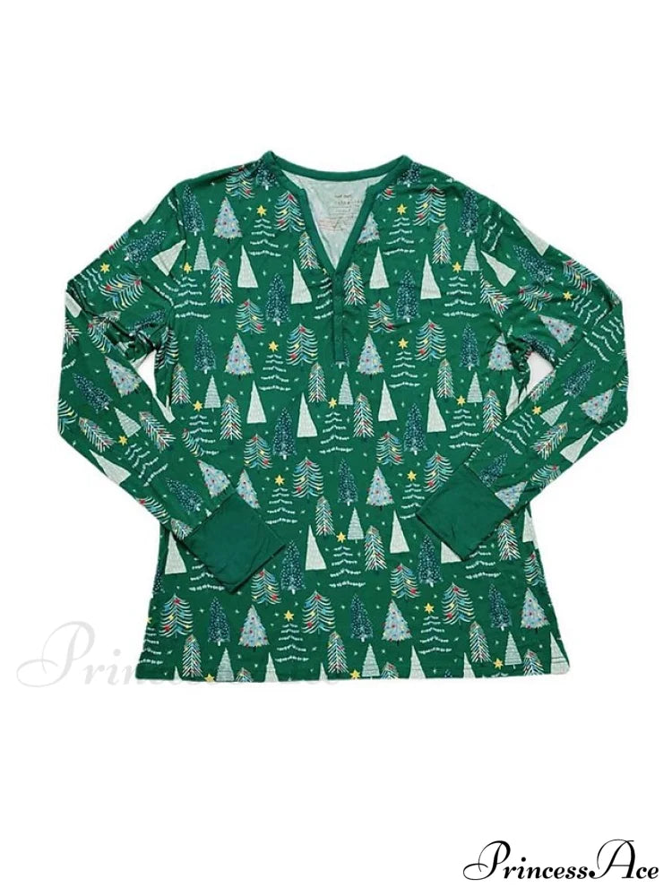 Breathable Long Women’s Pant Button Pajama Fall V And - Trees Arm Set Pink Cotton Christmas