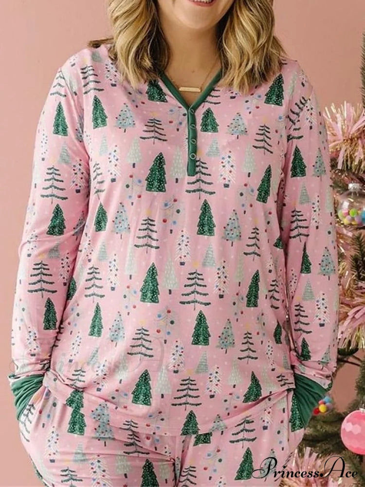 Breathable Long Women’s Pant Button Pajama Fall V And - Trees Arm Set Pink Cotton Christmas