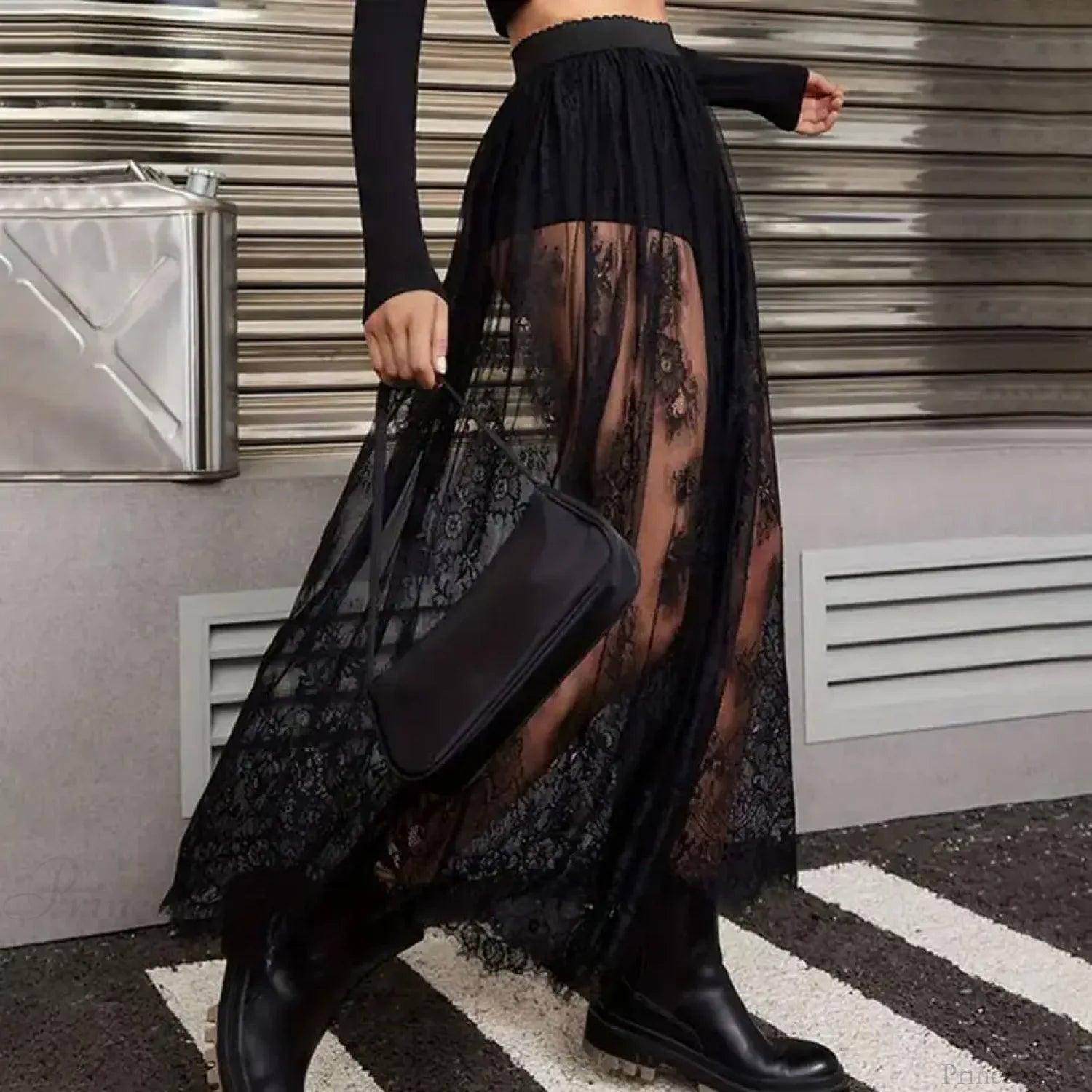 Breathable Plaid Mesh Maxi Skirt Dark Style Embroidery Black / S skirt-250126