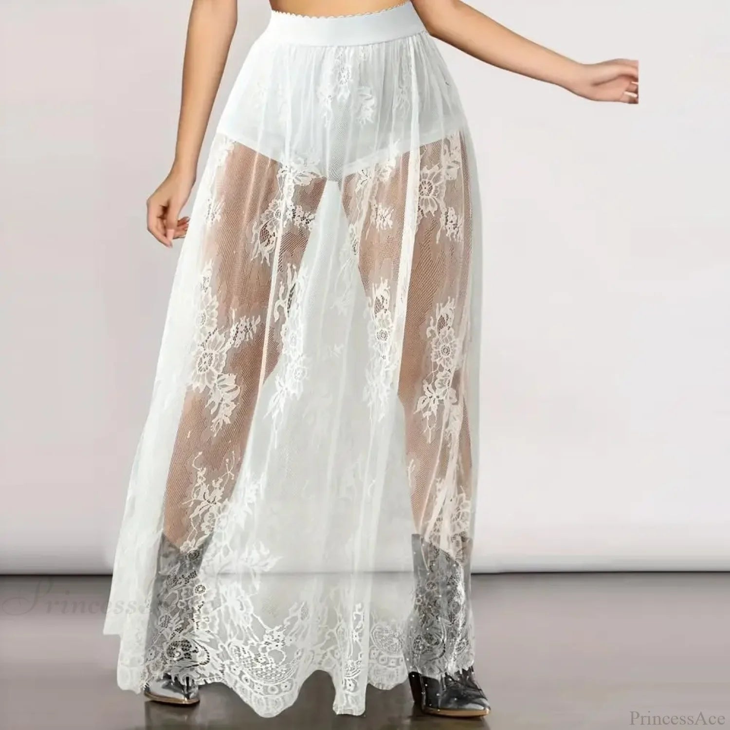 Breathable Plaid Mesh Maxi Skirt Dark Style Embroidery White / S skirt-250126