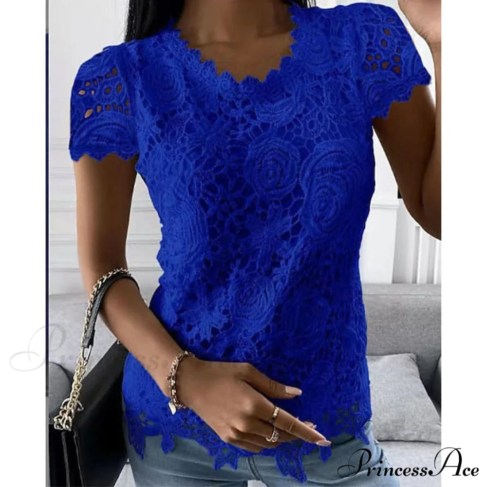 Brief Pink Neck White Casual Women’s Blouse Round Black Lace Arm Basic Plain Blue / S