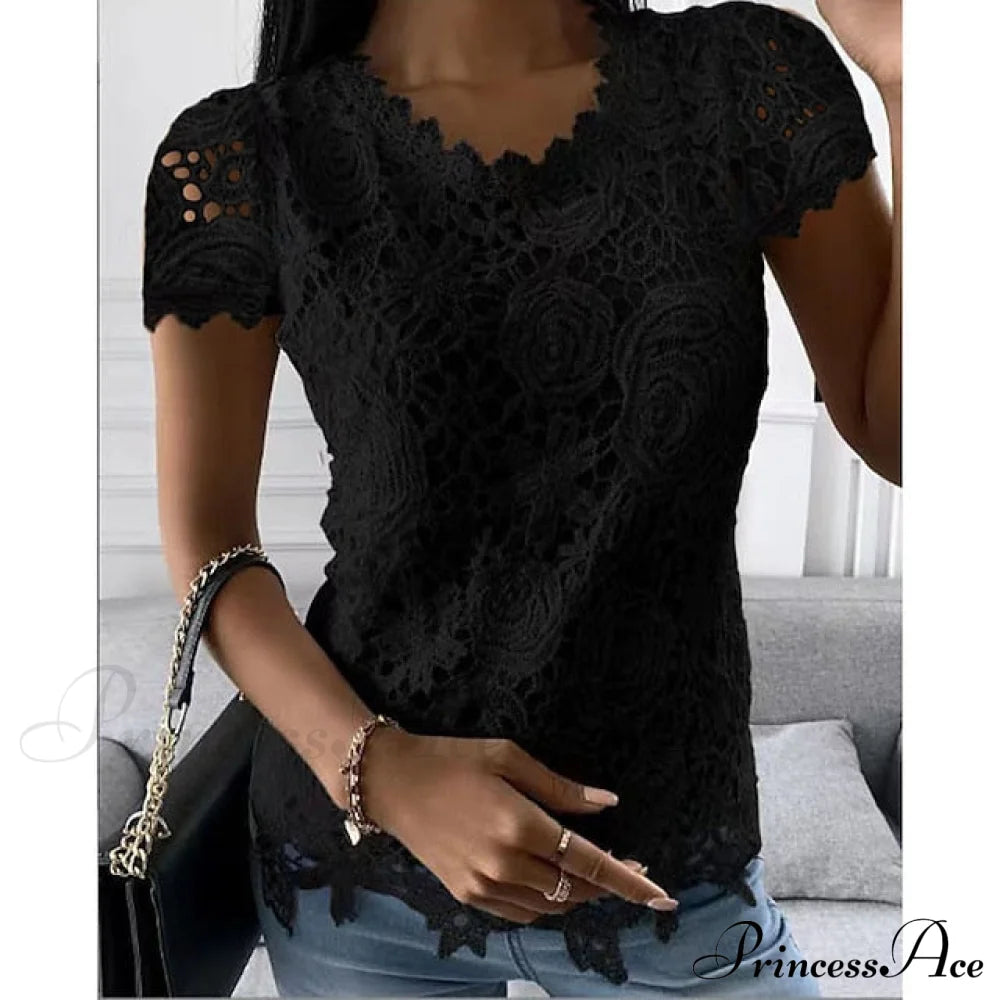 Brief Pink Neck White Casual Women’s Blouse Round Black Lace Arm Basic Plain / S