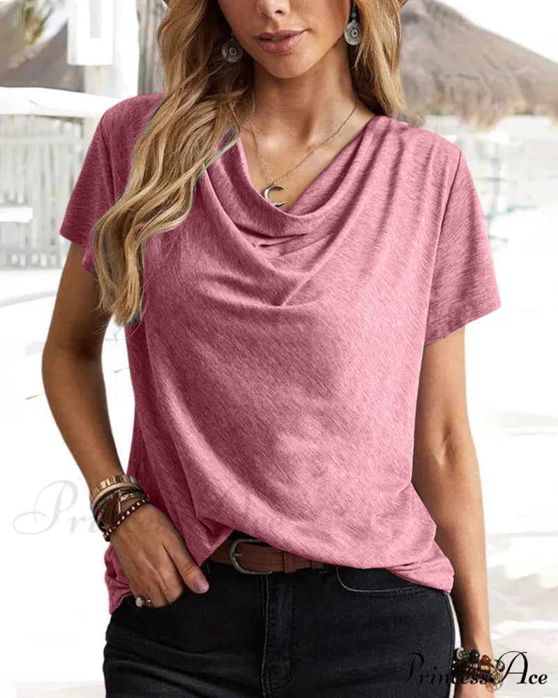 Cowl Neck T-shirt with Short Sleeves Red 23BF clothes Short Sleeve Tops Summer T-shirts Tops/Blouses