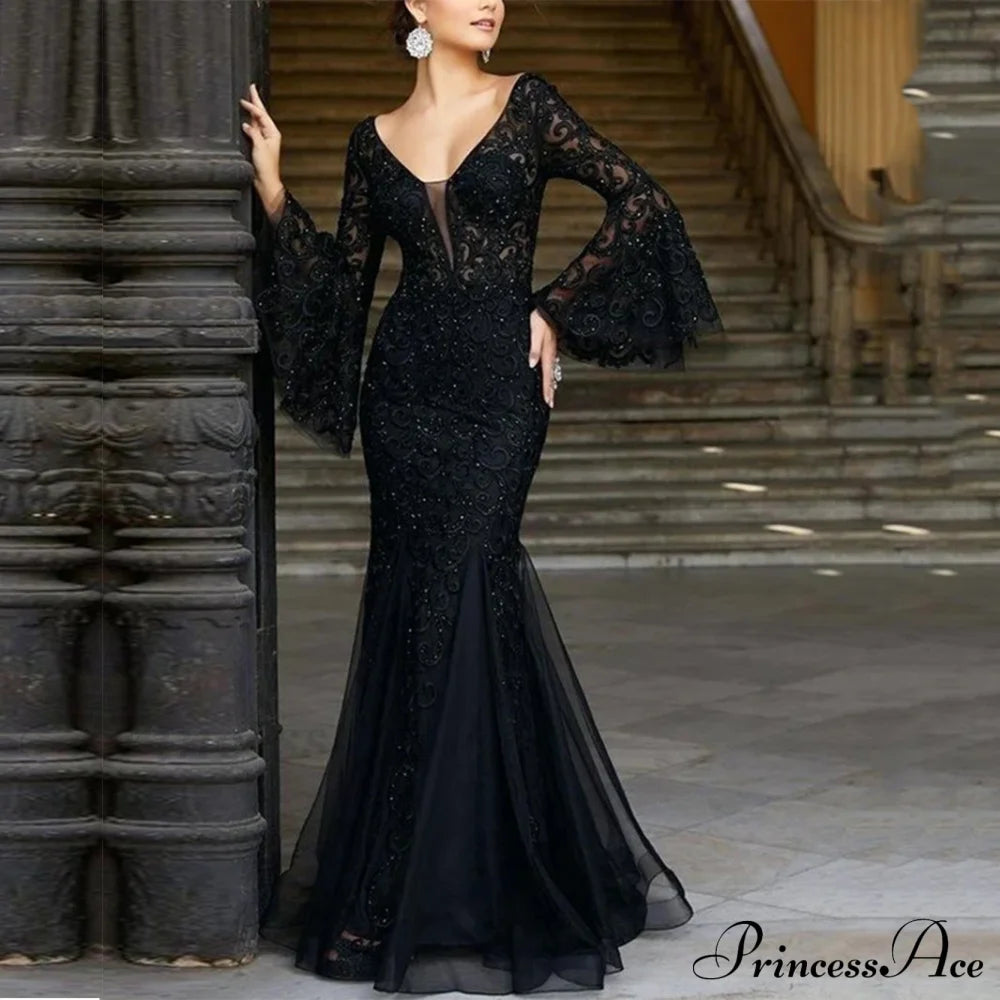 Brooke Lace V Charming Neck Formal Dress Black / S S.o. Long Dresses