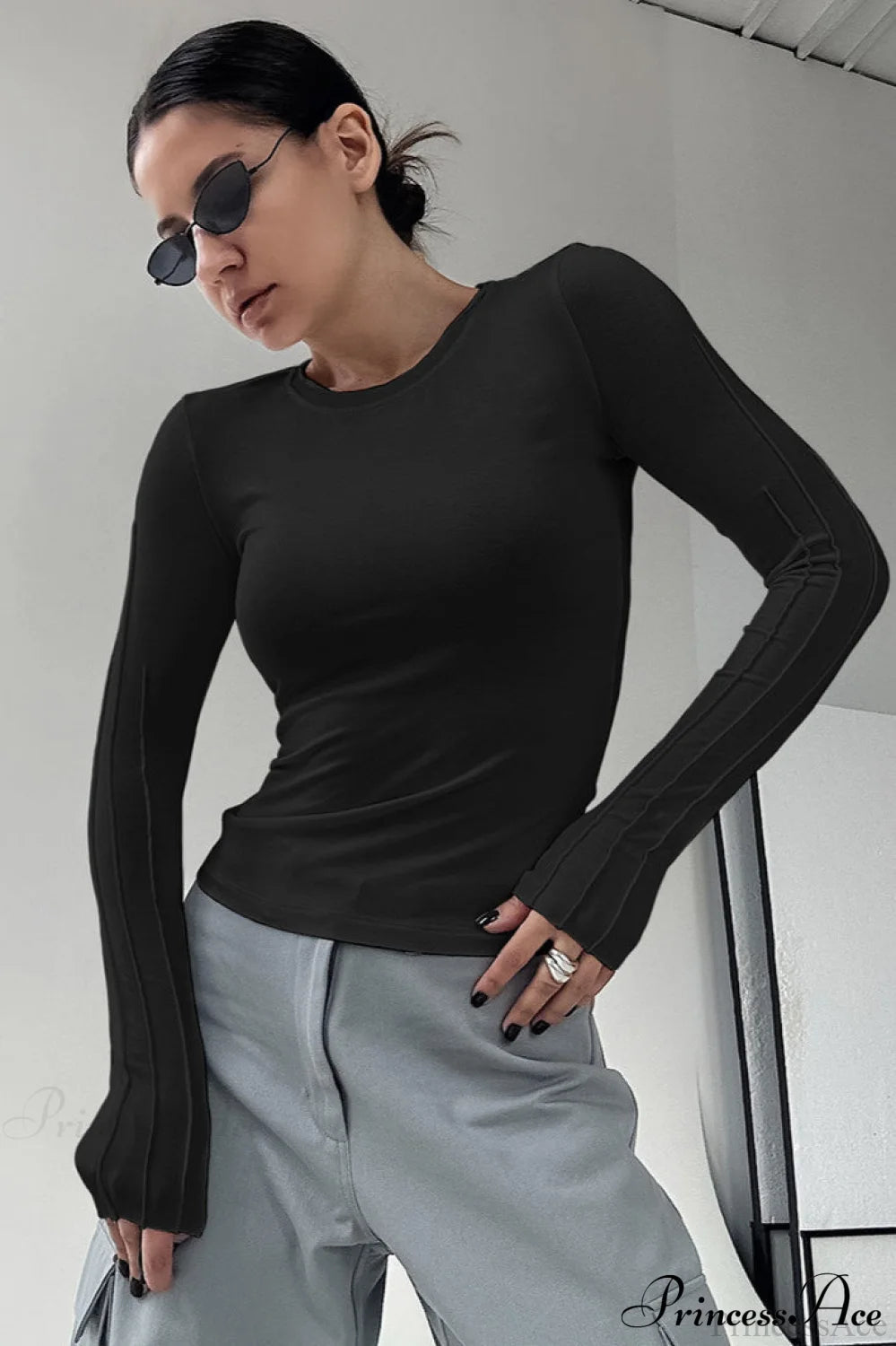 Brown Color Blocked Skinny Crew Neck Long Sleeve Tee