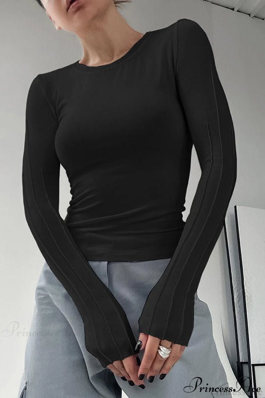 Brown Color Blocked Skinny Crew Neck Long Sleeve Tee Black / S