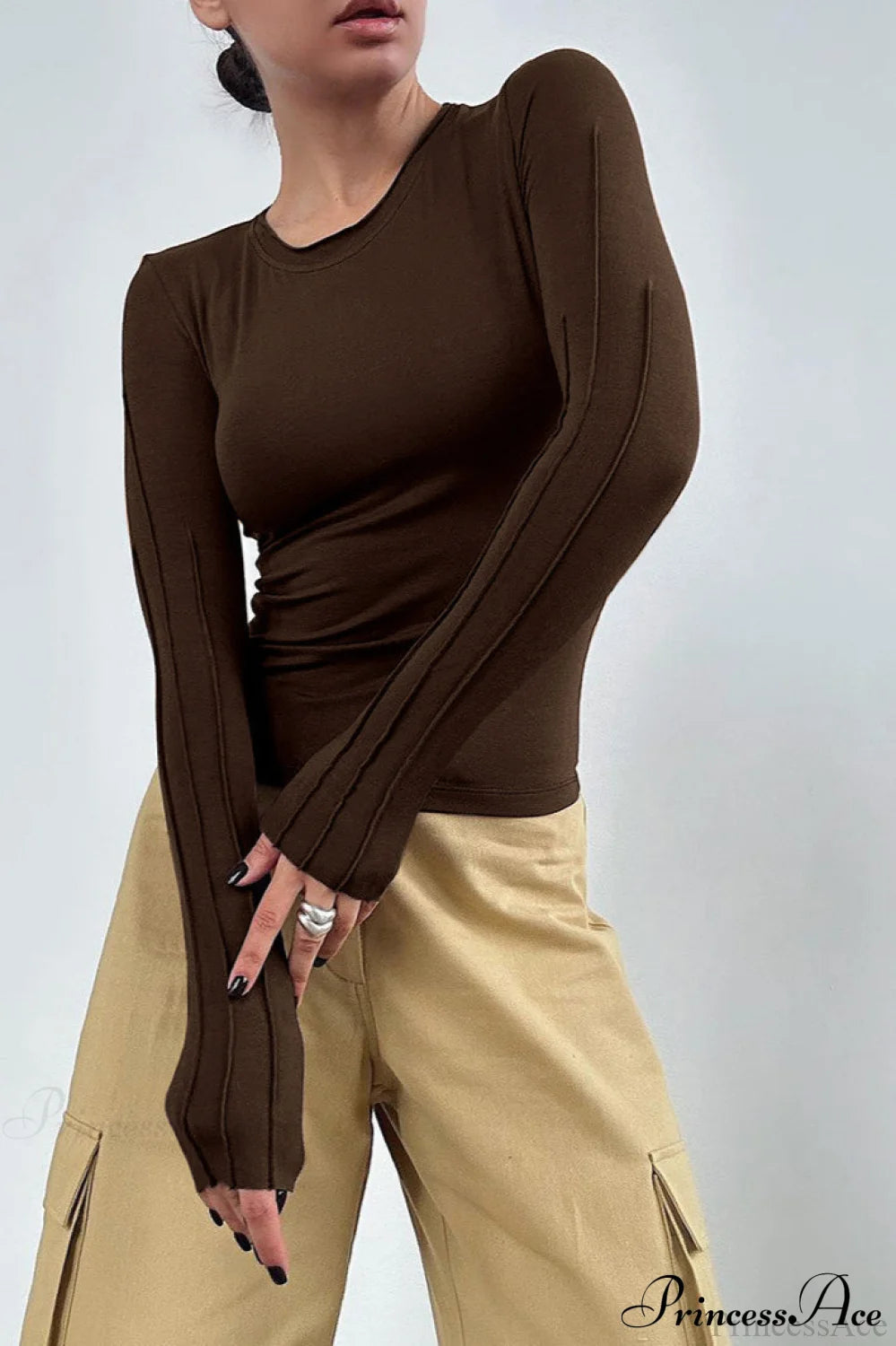 Brown Color Blocked Skinny Crew Neck Long Sleeve Tee Brown / S