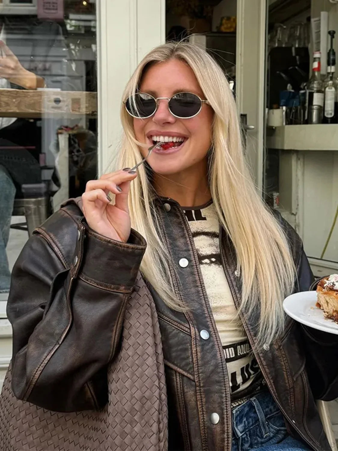 Brown Cropped Lapel Leather Coat