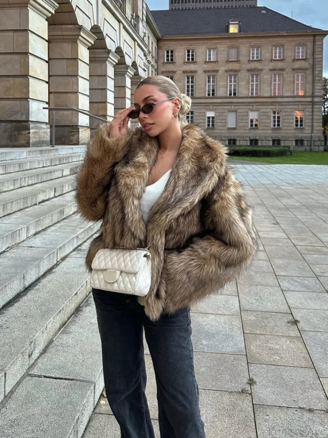 Brown Oversized Plush Furry Lapel Coat