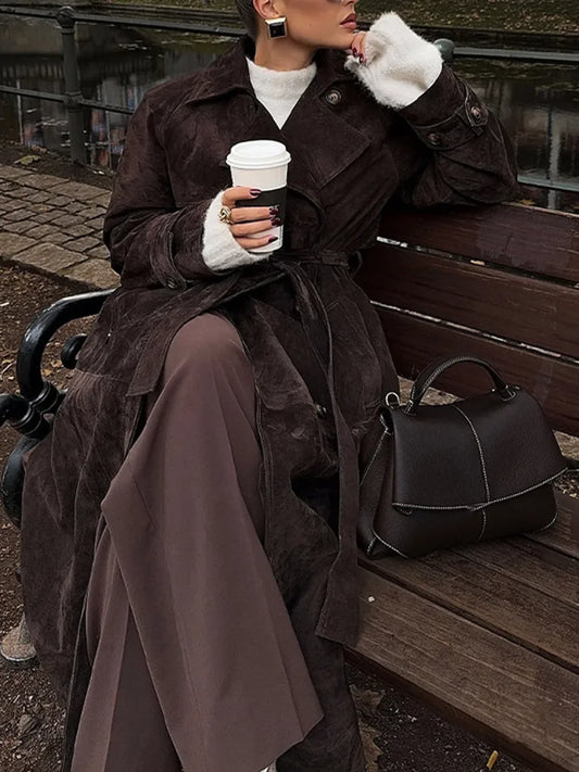 Brown Suede Leather Long Coat Brown / S