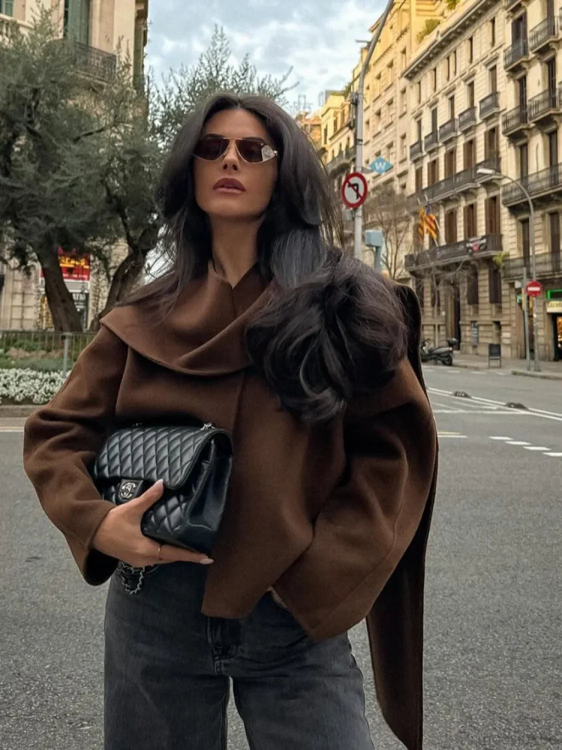 Brown Woolen Round Neck Scarf Coat