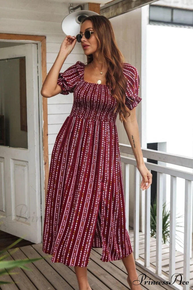 Bubble Sleeve Rayon Dress With Print S / Blue Dresses