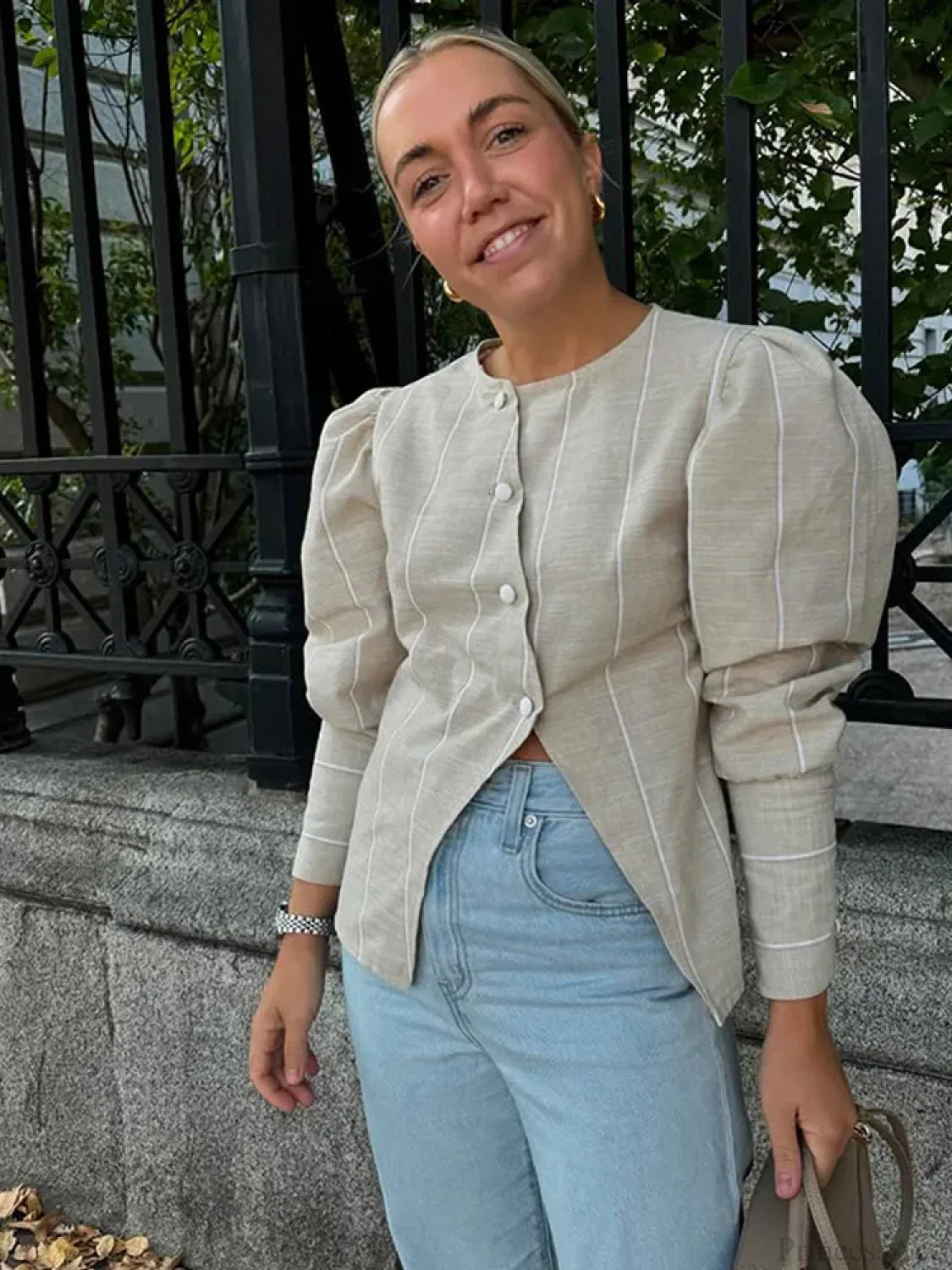 Bubble Sleeve Slanted Button Stripe Blouse blouse-250223