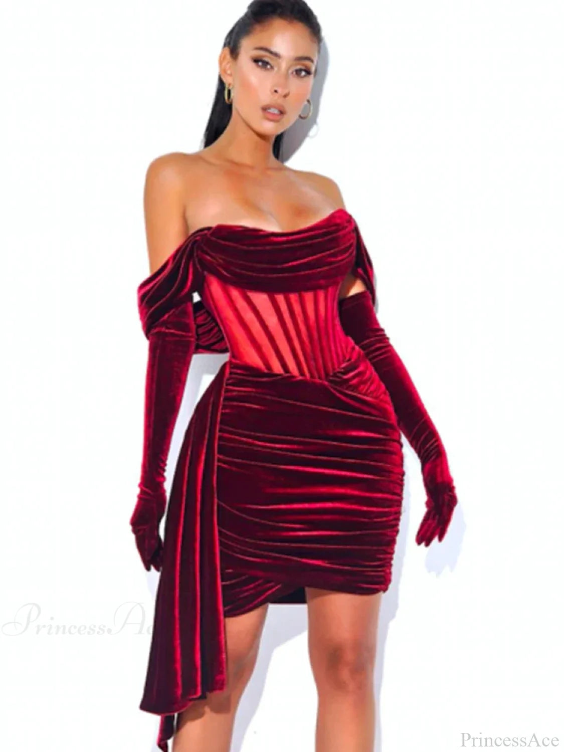 Burgundy Draping Off Shoulder Corset Sexy Velvet Slim Bodycon Mini Christmas Party Dress Red / S