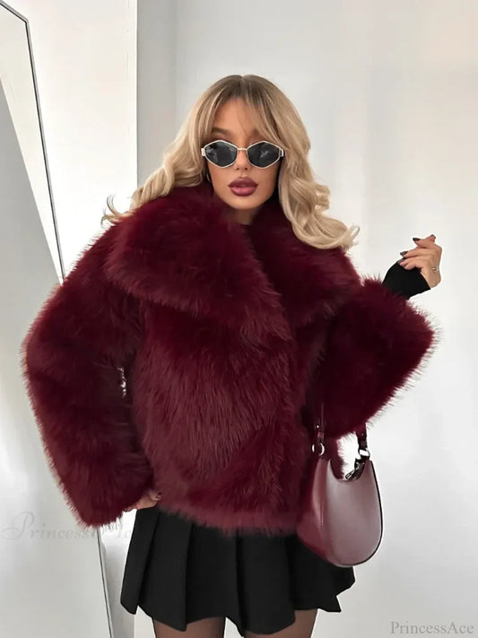 Burgundy Fluffy Lapel Short Coat