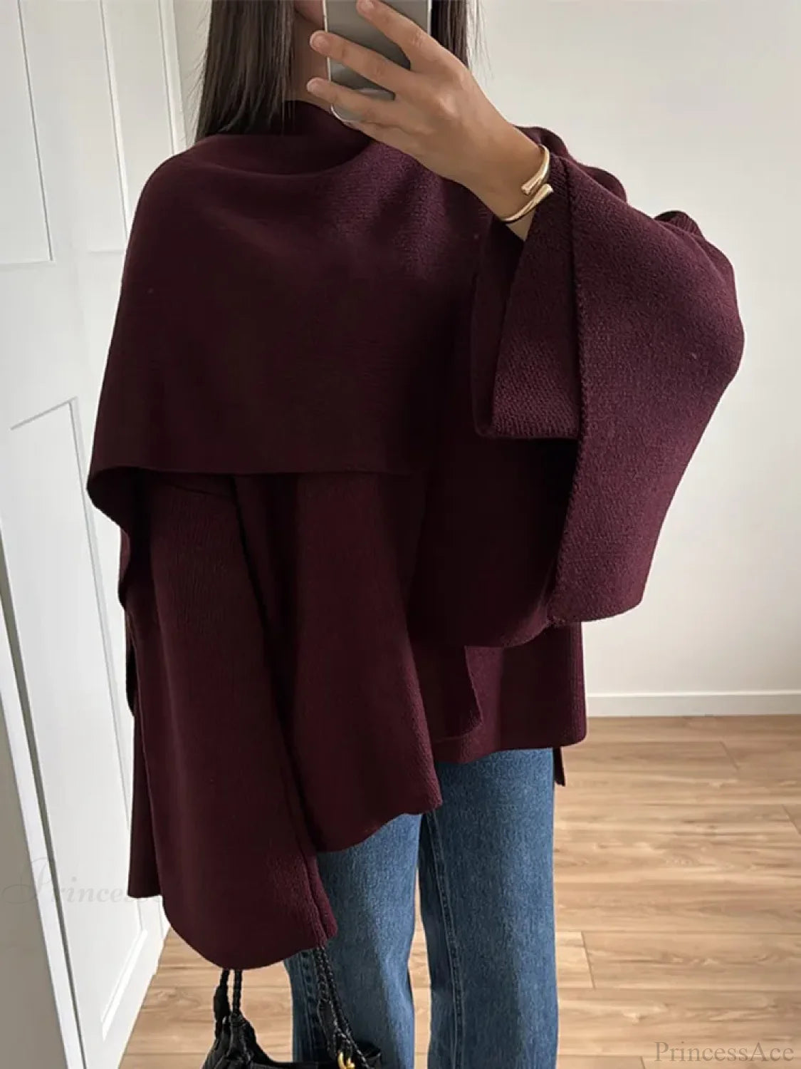 Burgundy Knit Jacket with Scarf Coat Red / S