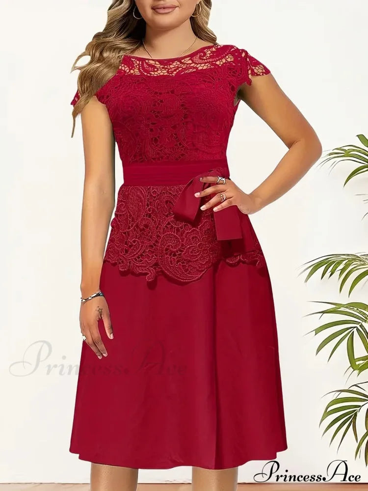Burgundy Lace A-Line Dress With Cap Sleeves And Belt S / Green Burgundy Lace Belt Dress