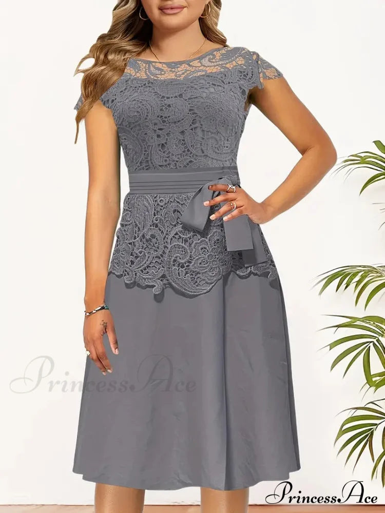 Burgundy Lace A-Line Dress With Cap Sleeves And Belt S / Purple Burgundy Lace Belt Dress