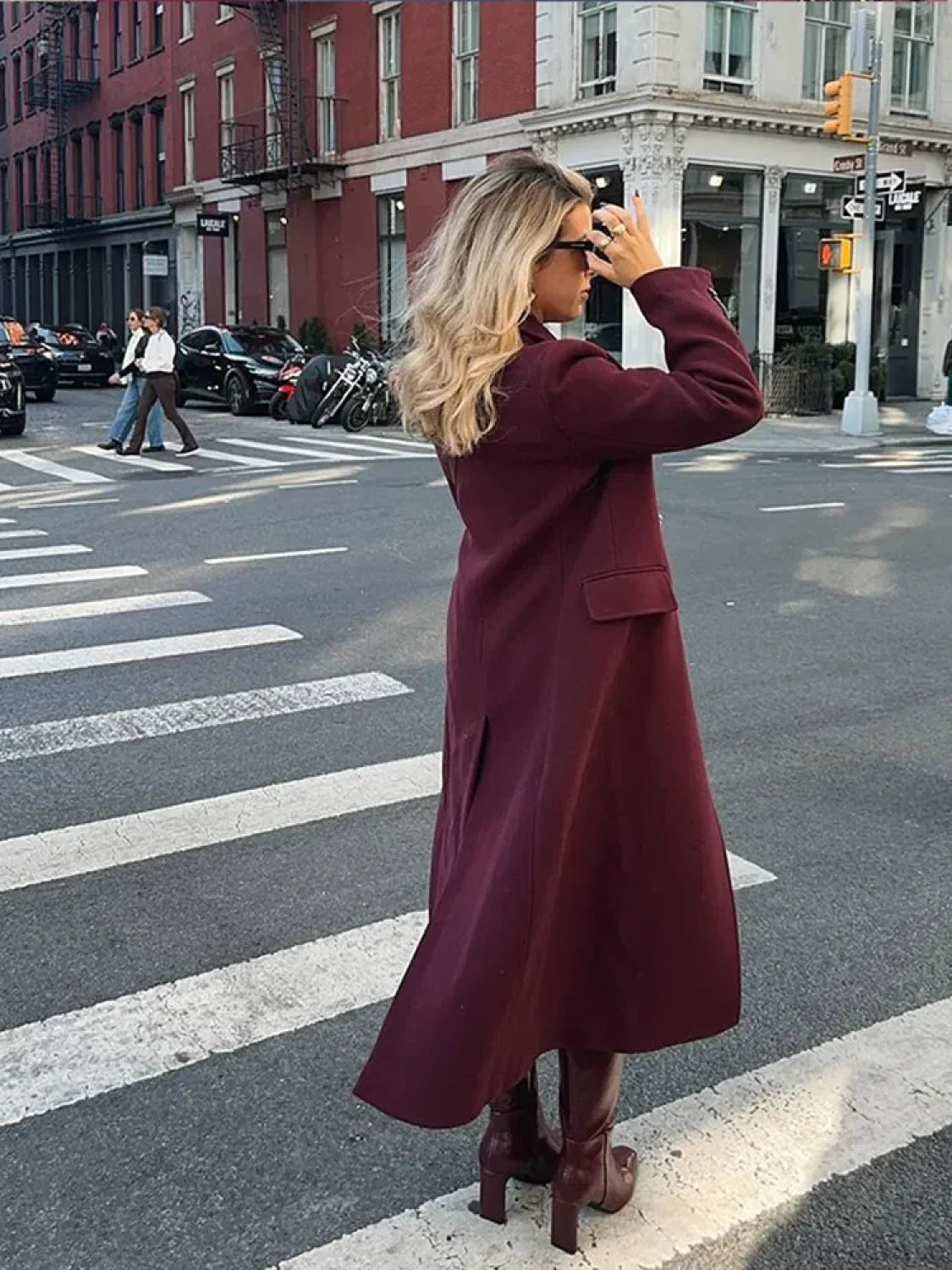 Burgundy Lapel Wool Blends Long Coat