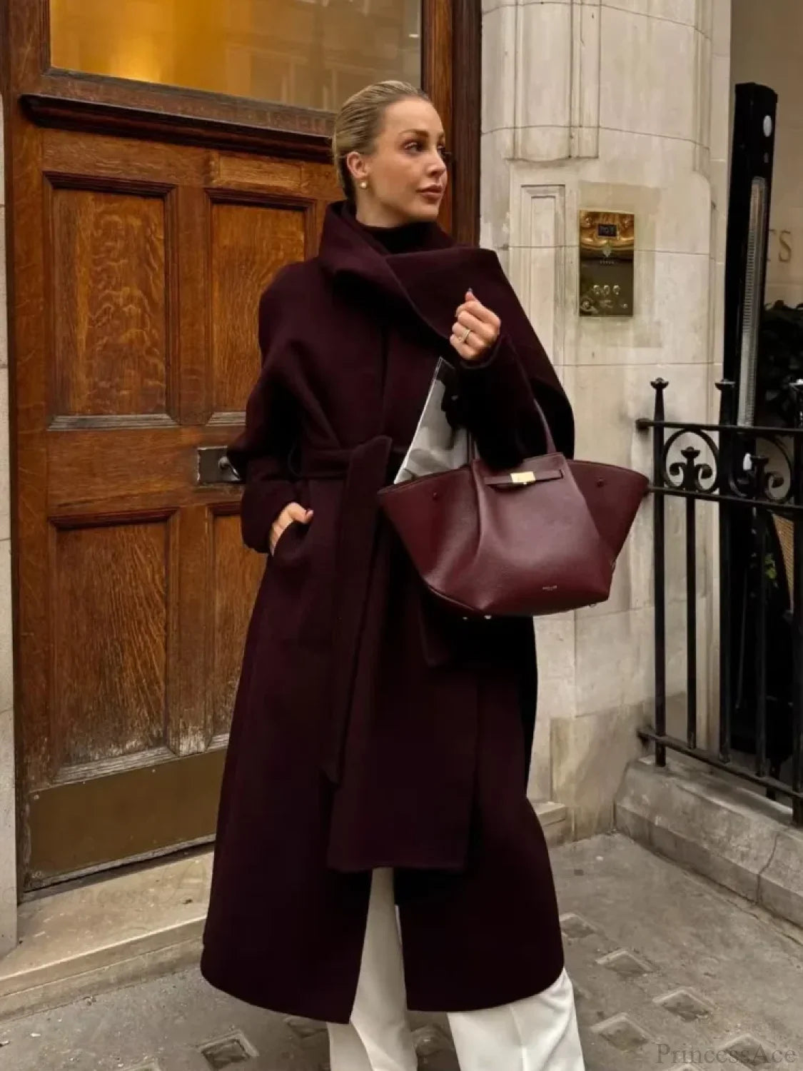 Burgundy Long Sleeve Scarf Wool Coat