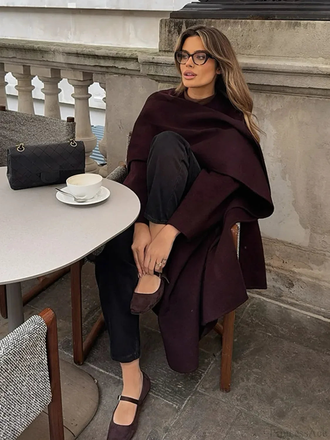 Burgundy Long Sleeve Scarf Wool Coat