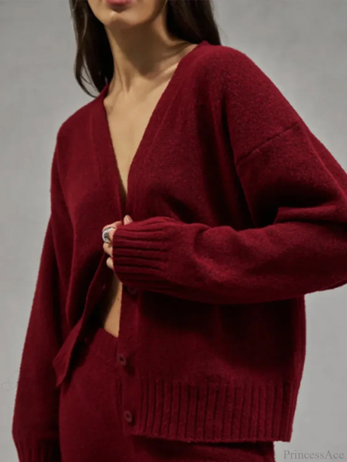 Burgundy Loose V-neck Single Breasted Cardigan Wine red / S