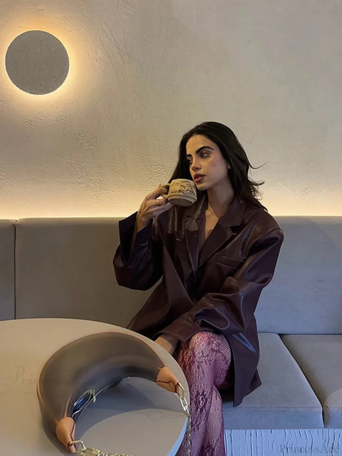 Burgundy Single Breasted PU Leather Coat