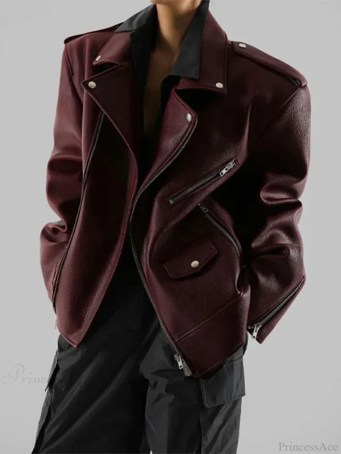 Burgundy Zipper Stand Collar Leather Coat