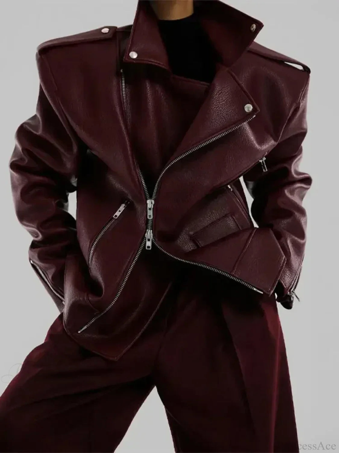Burgundy Zipper Stand Collar Leather Coat wine red / S