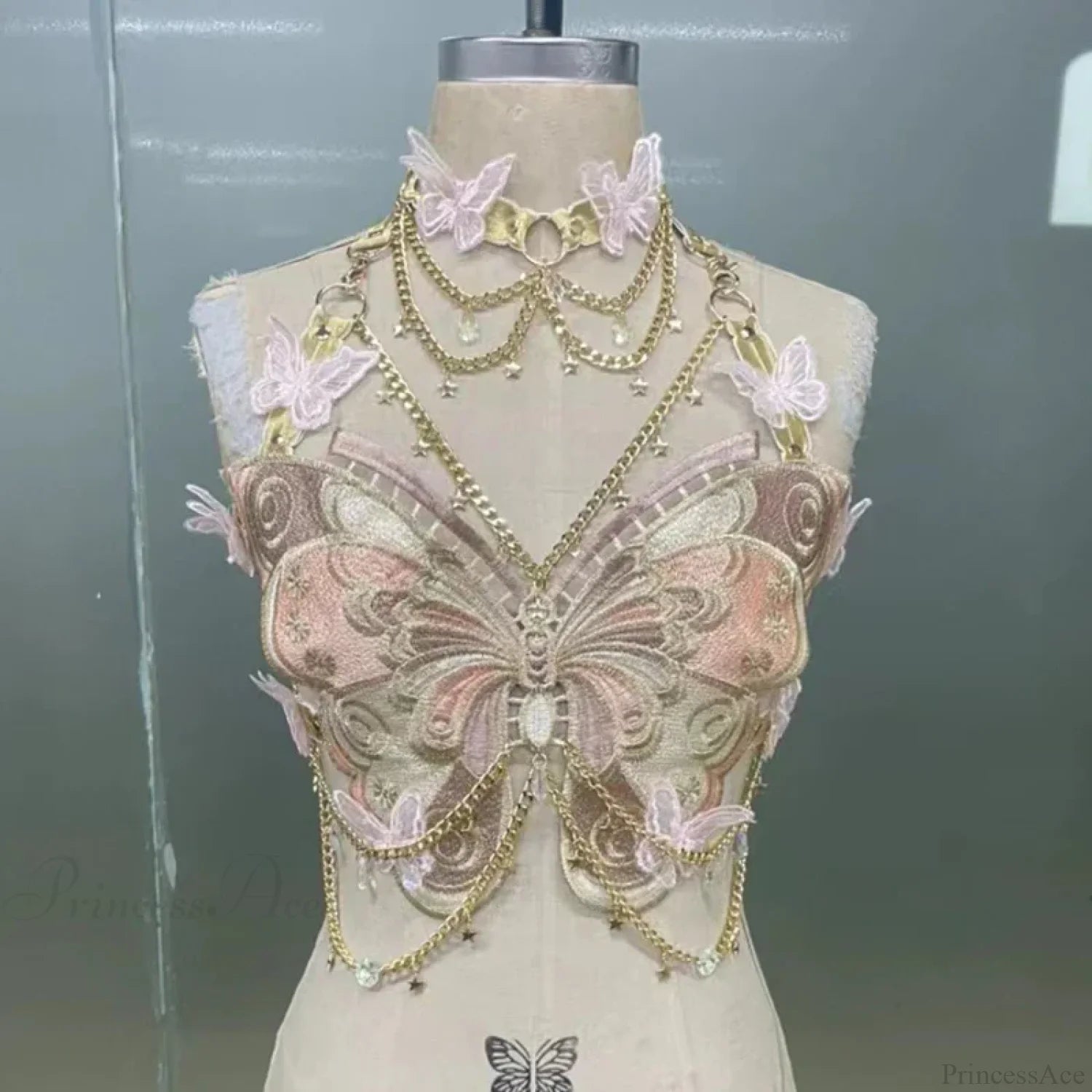 Butterfly Embroidered Crystal Chain Backless Crop Top Pink / One Size croptop-250223