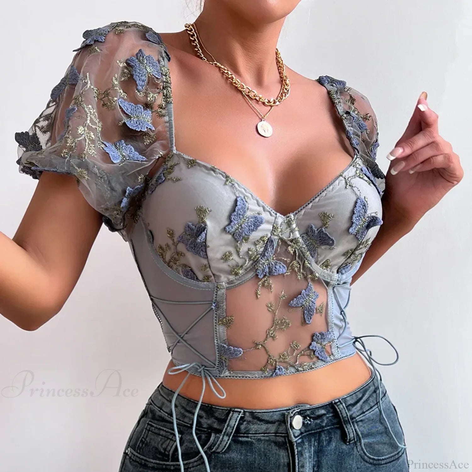 Butterfly Embroidery Mesh Splicing V Neck Slim See-through Crop Top Gray / S croptop-250126