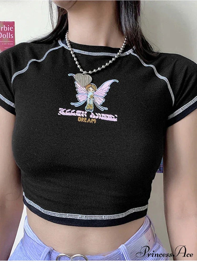 Butterfly Graphic Green Short Sleeve Vintage Tee Crop Top