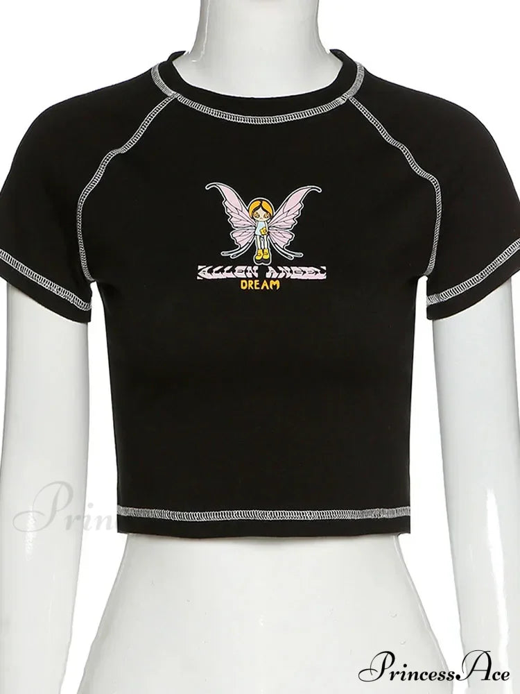 Butterfly Graphic Green Short Sleeve Vintage Tee Crop Top