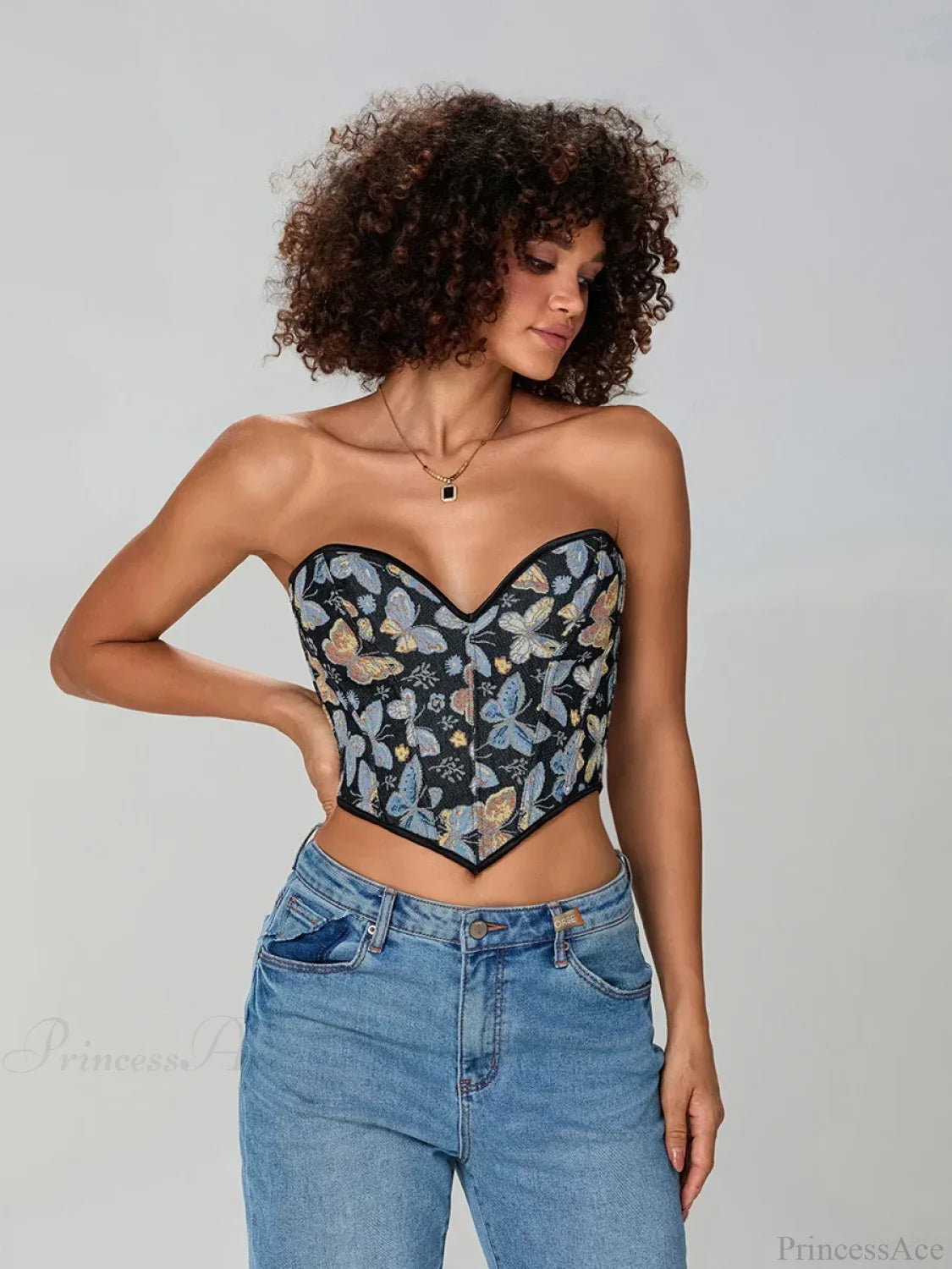 Butterfly Print Strapless Bandage Off-shoulder Corset Black / S croptop-250126