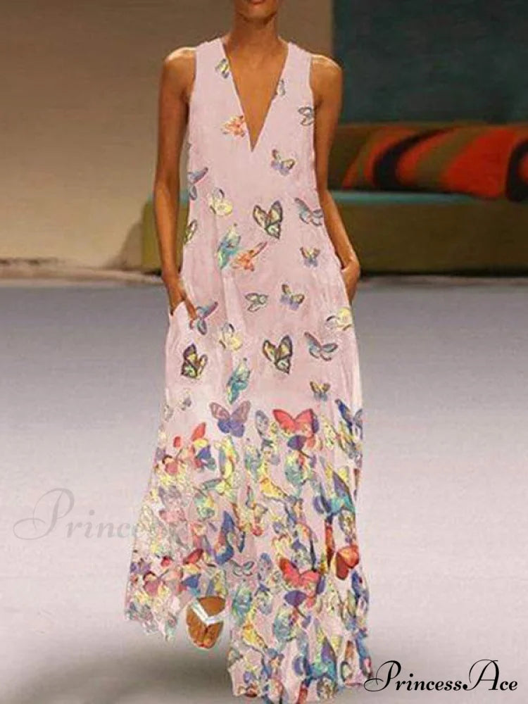 Butterfly Printed V-Neck Maxi Dress S / Light Blue Dresses