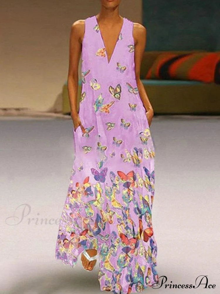 Butterfly Printed V-Neck Maxi Dress S / Pink Dresses