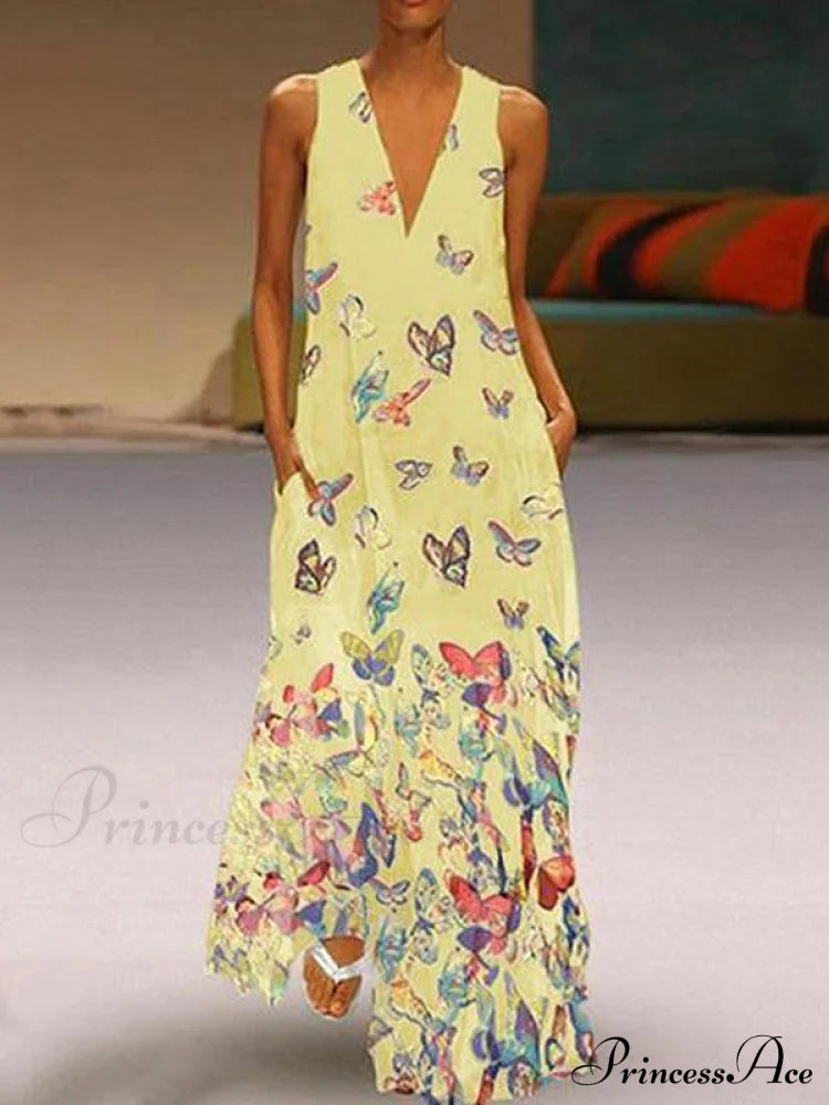 Butterfly Printed V-Neck Maxi Dress S / Purple Dresses
